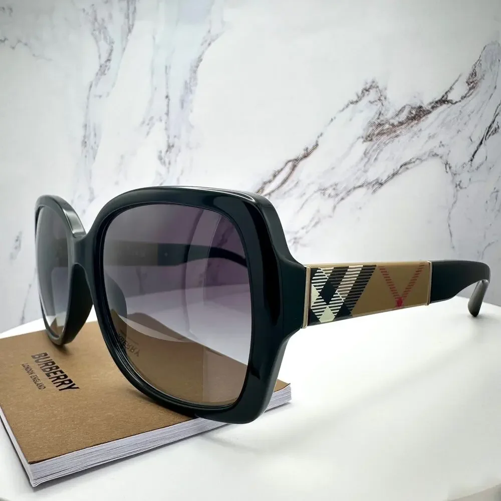 New Burberry Sunglasses Black Square Frames Checkered Arms Gradient BURBERRY
